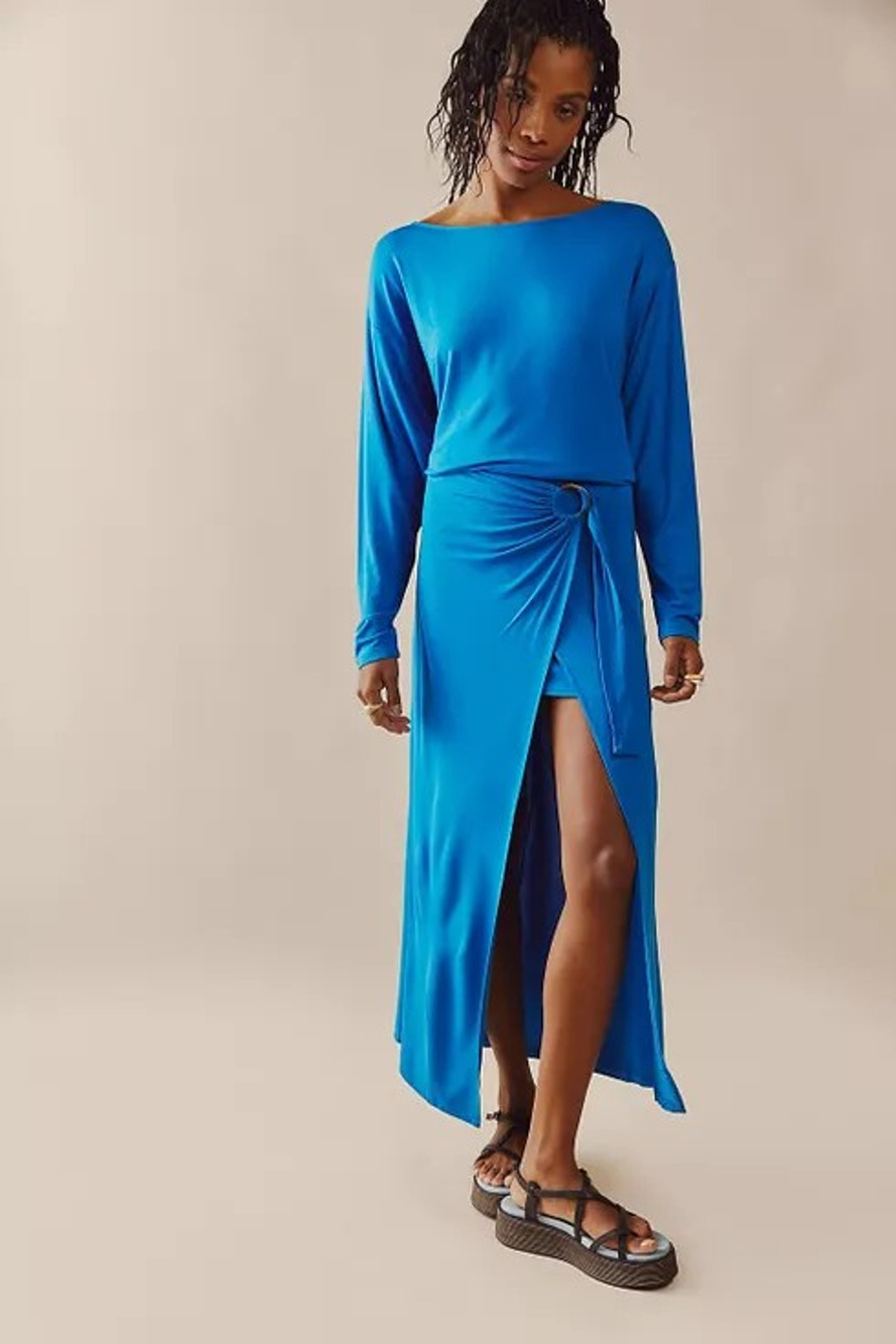 New Free People Alyssa Long Sleeve Wrap Dress Maxi X-SMALL $128 Blue
